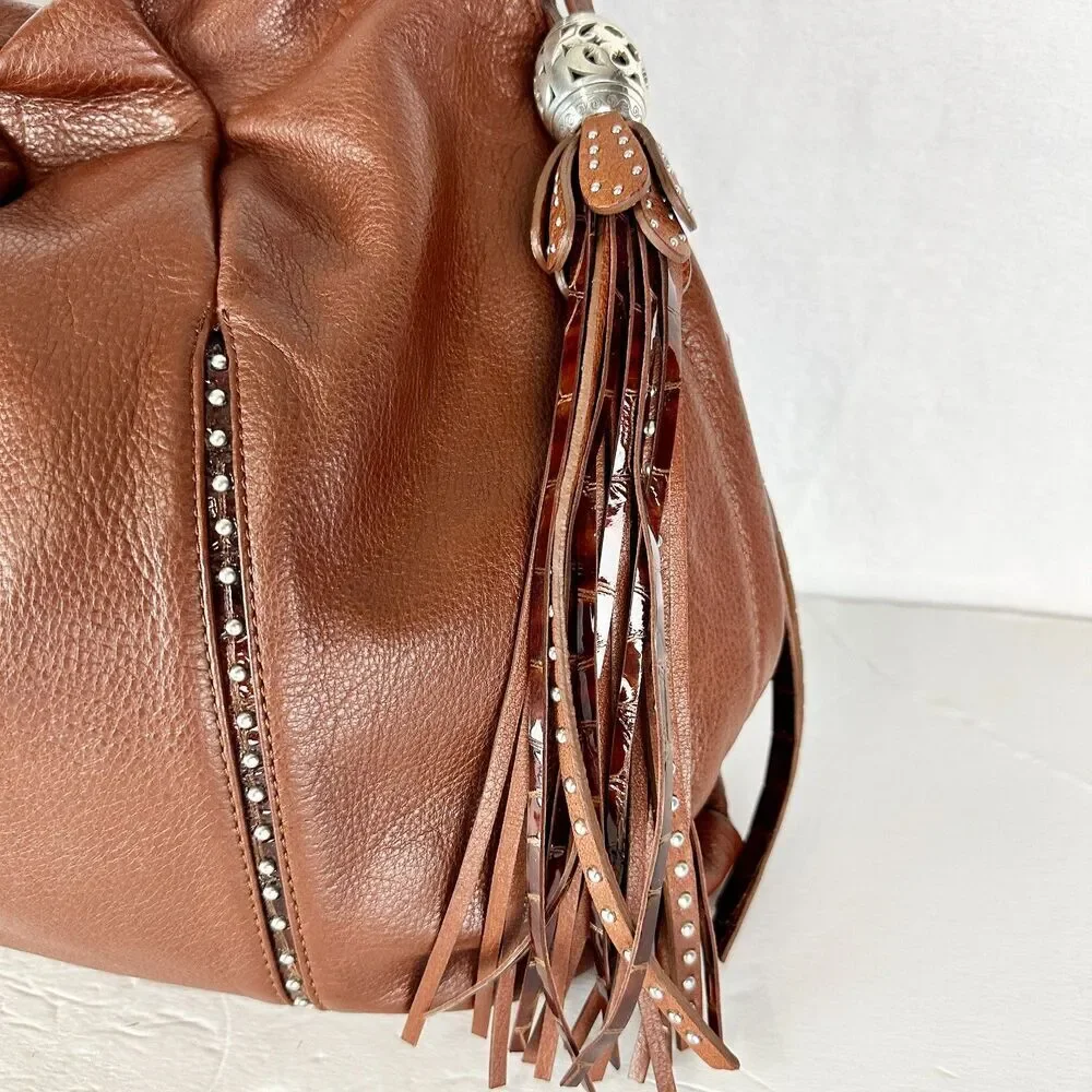 Brighton Femme Fatal Gretta Garbo Studded Shoulder Bag Hobo Brown Tassel Leather